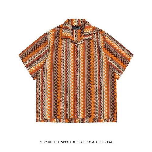 Men's Plaid Texture Short Sleeve Shirt, Bohemian Style