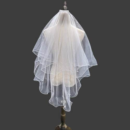 双层带发梳新娘头纱简约婚纱配饰精美写真短珍珠面纱婚礼配件