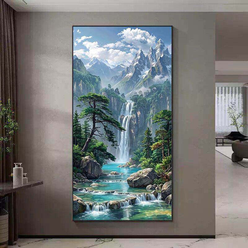 流水生财入户玄关装饰画走廊过道正对门挂画源远流长山水画壁画