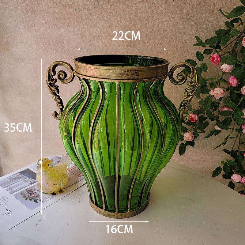 玻璃花瓶摆件客厅大号插花欧式复古绿色水培鲜花玄关边几美式轻D&