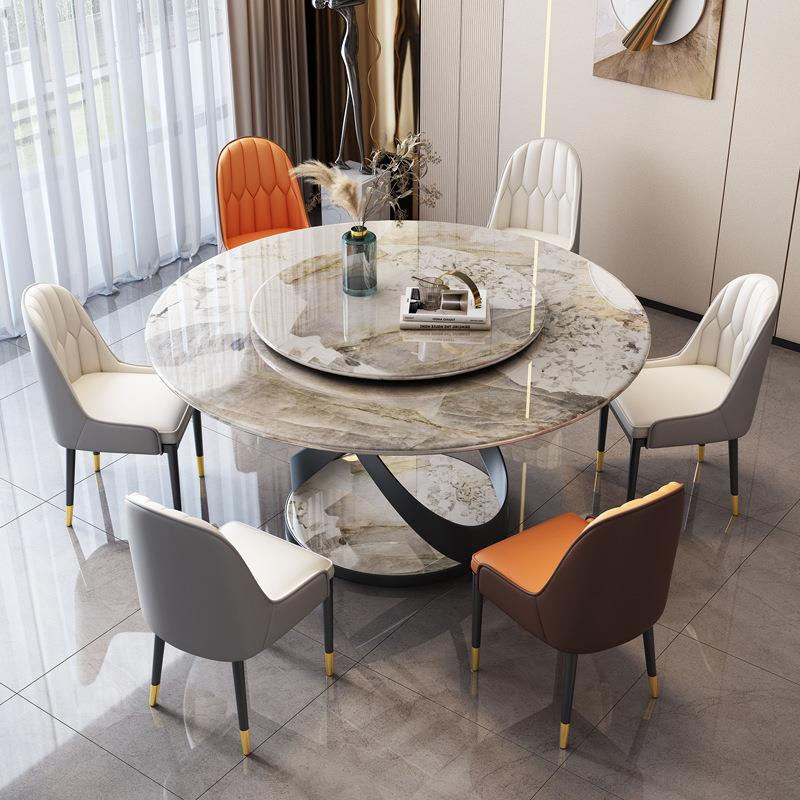 轻奢超晶石餐桌椅组合现代简约饭桌家用圆桌带转盘小户型八人餐桌