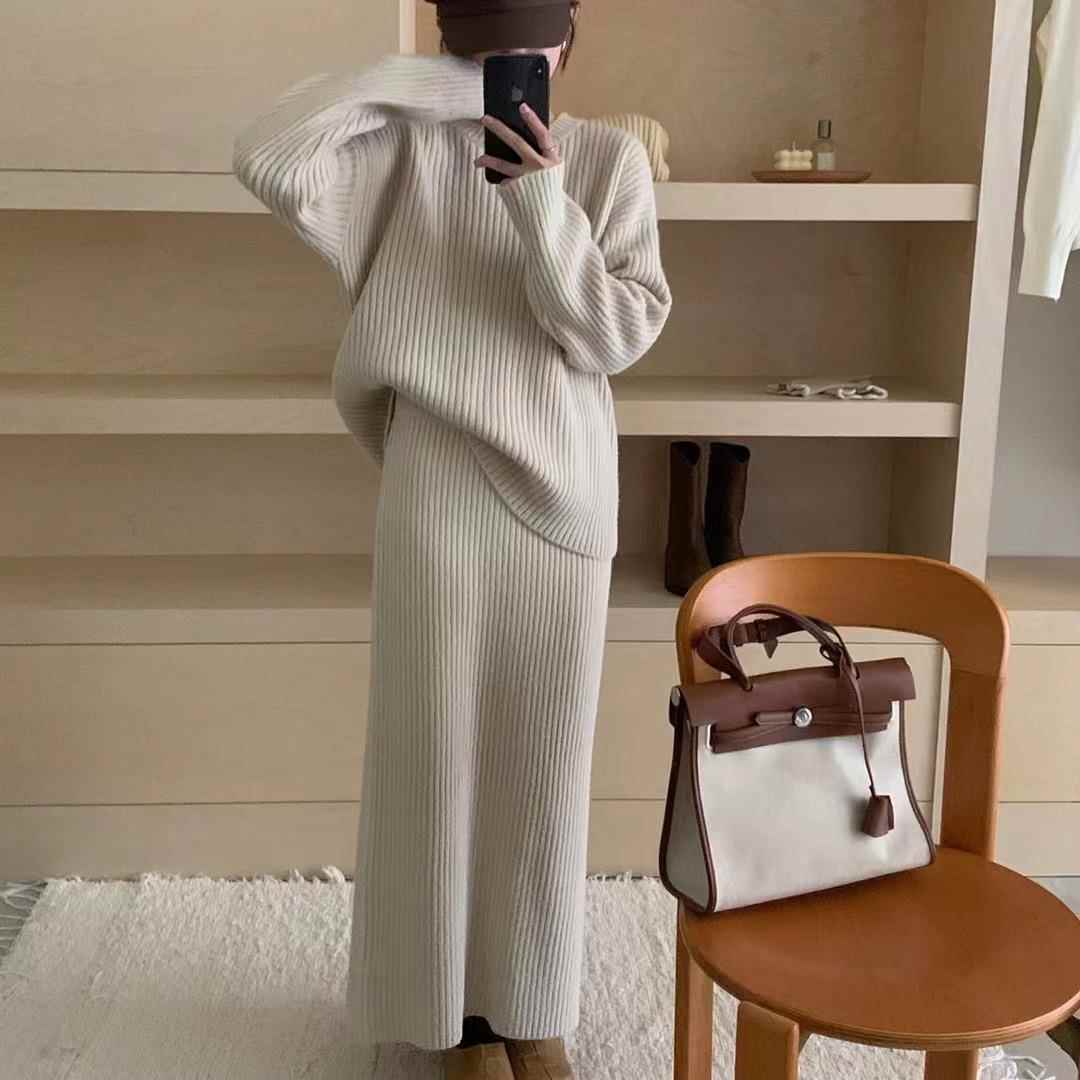 韩系毛衣套装女秋冬宽松慵懒风时尚针织衫上衣+长款半身裙两件套