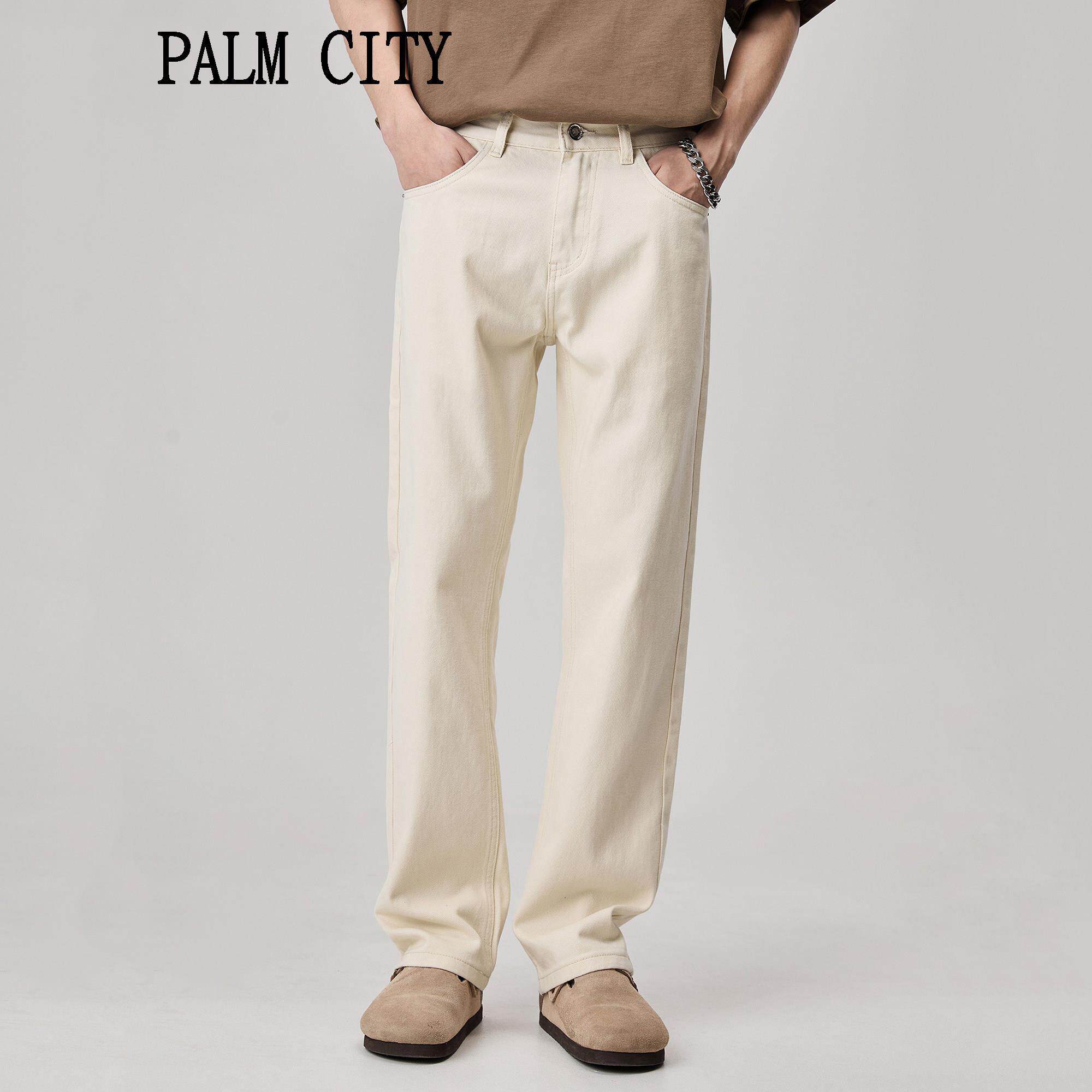 palm city米白色牛仔裤男美式休闲直筒裤子杏色阔腿裤宽松春夏季