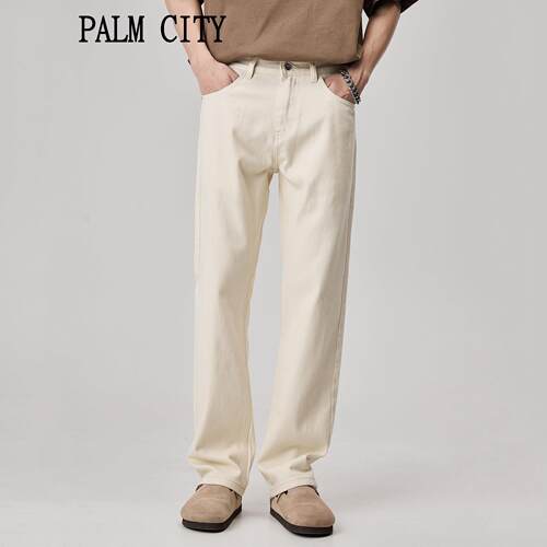 palm city米白色牛仔裤男美式休闲直筒裤子杏色阔腿裤宽松春夏季