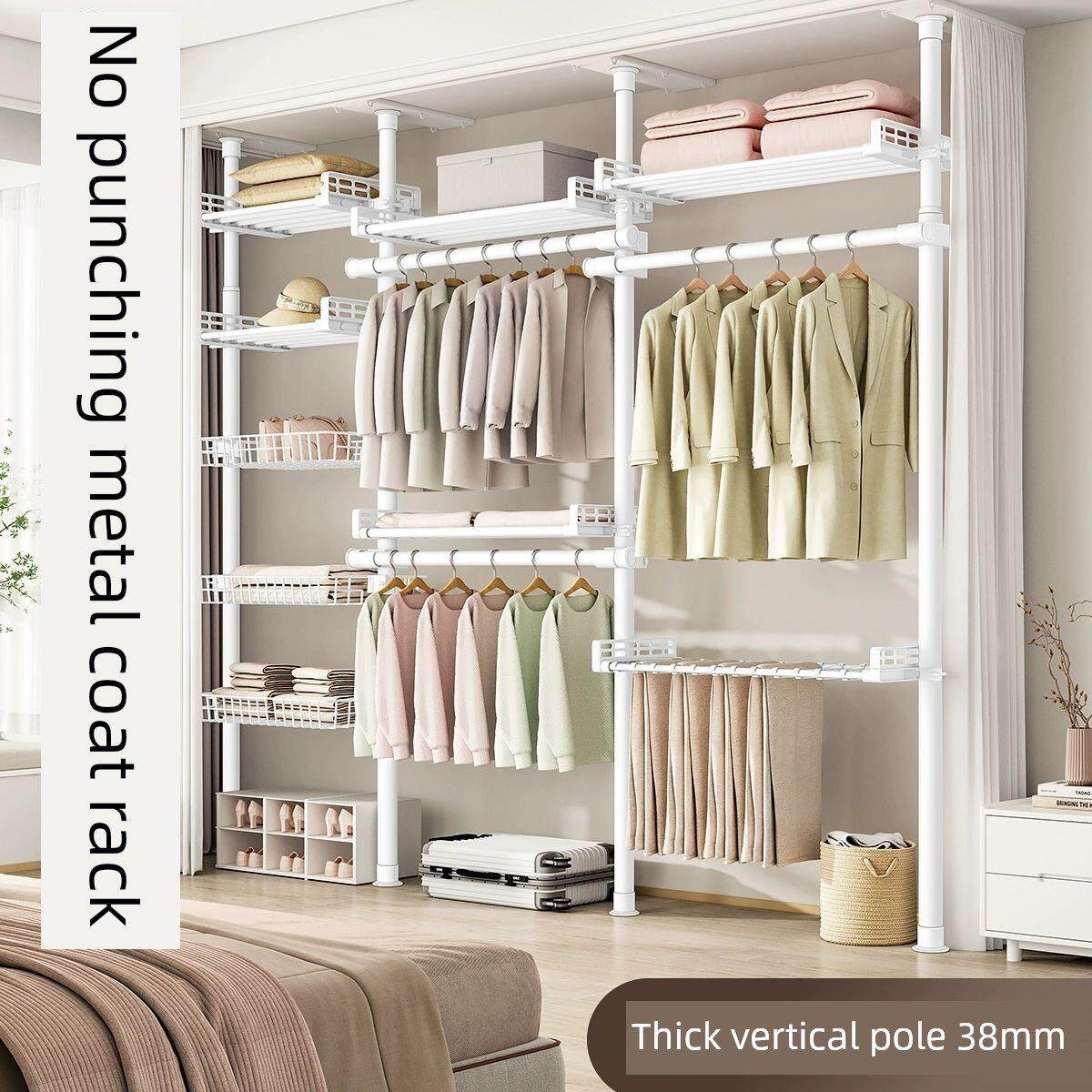 顶天立地免打孔可伸缩全轨道简易加粗衣帽间落地衣柜置物架卧室