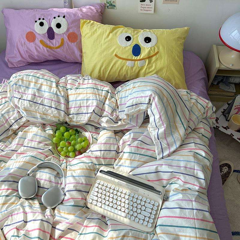 韩系公主水洗棉四件套 多巴胺条纹刺绣四件套1.5m1.8公寓宿舍床品