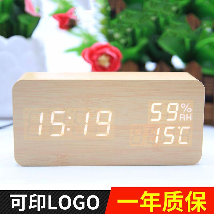 创意温湿度led木头钟智能声控电子闹钟木质座钟时钟石英钟