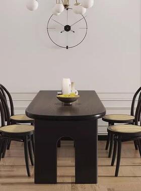 中古风黑色实木端XRT厅餐桌一体半圆古靠墙客饭桌家用小户型高复