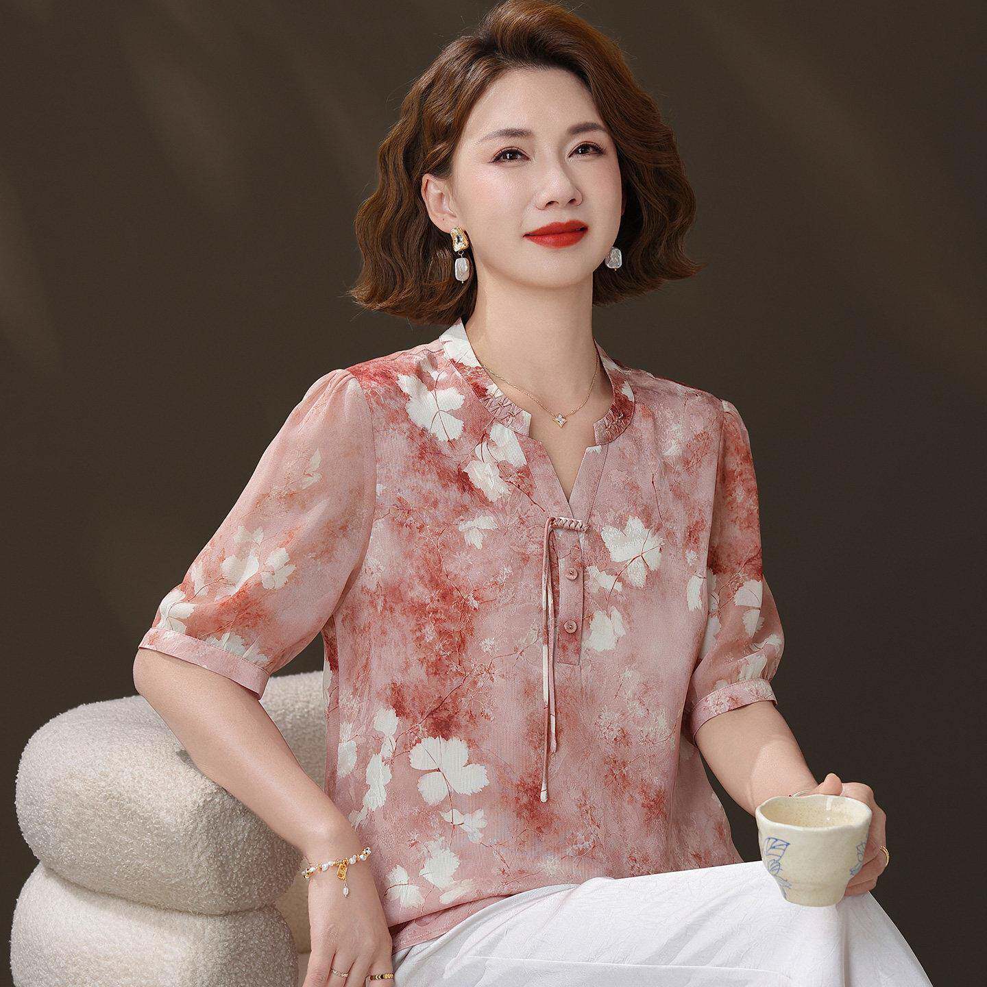 中年T恤女短袖夏装桑蚕丝100%套装大尺码妈妈印花真丝V领上衣薄