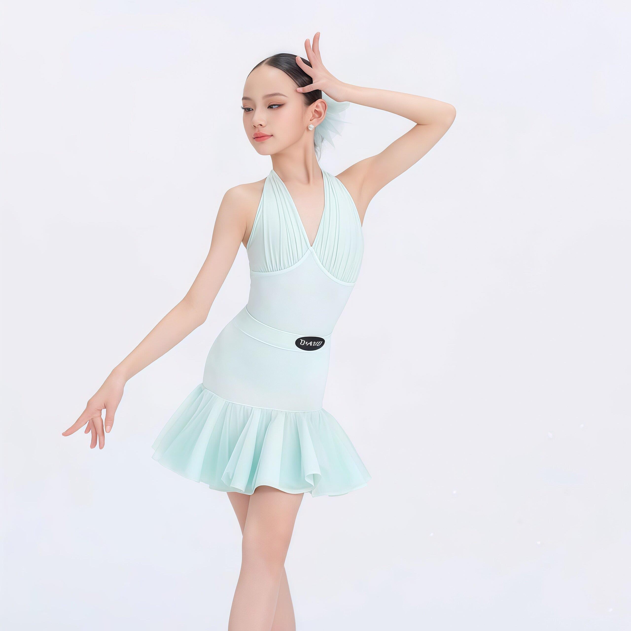 2026新款夏女童拉丁舞服挂颈V领两件式日常练功服花边舞蹈裙套装