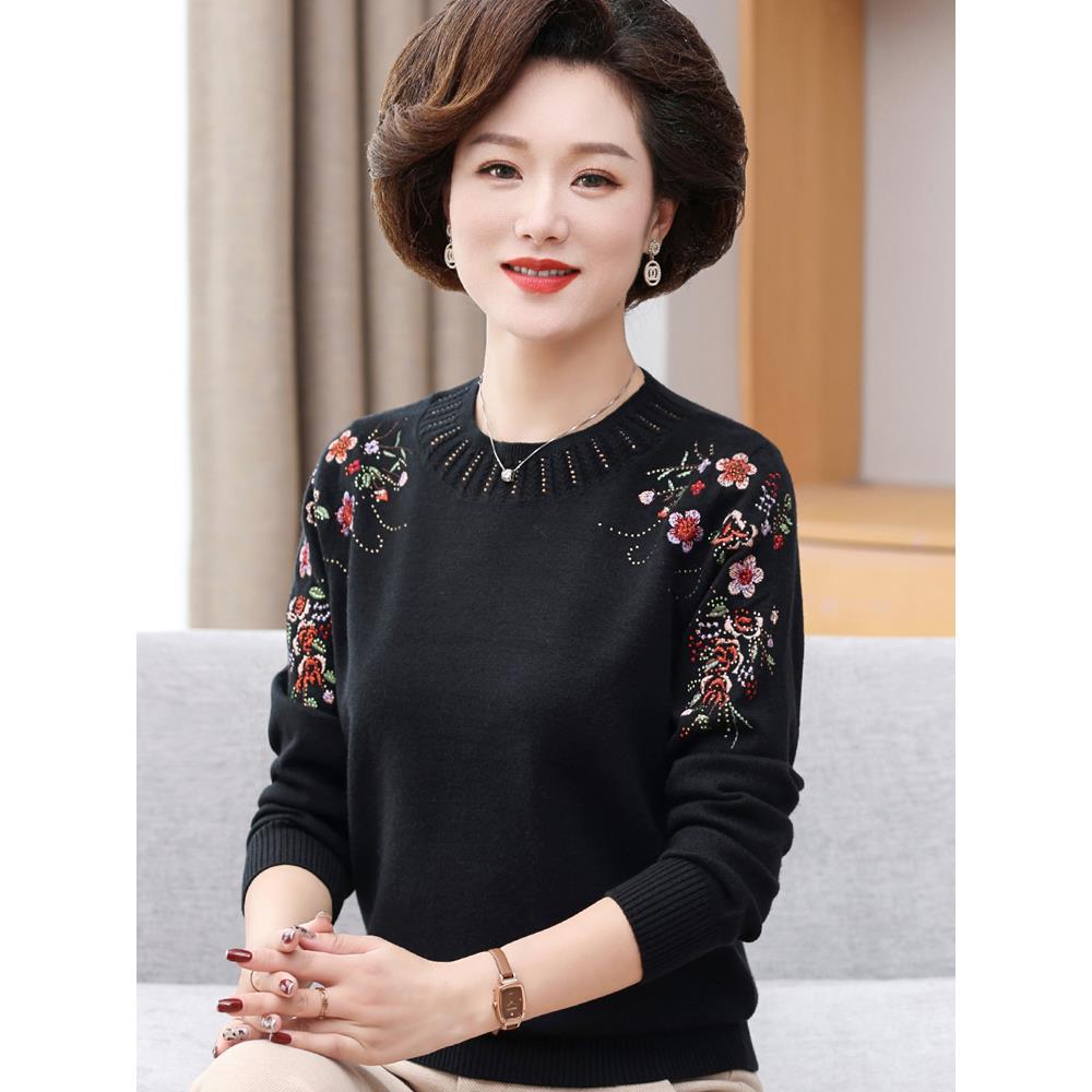 妈妈款秋装羊毛衣中年女圆领内搭上衣服50岁60中老年人春秋打底衫