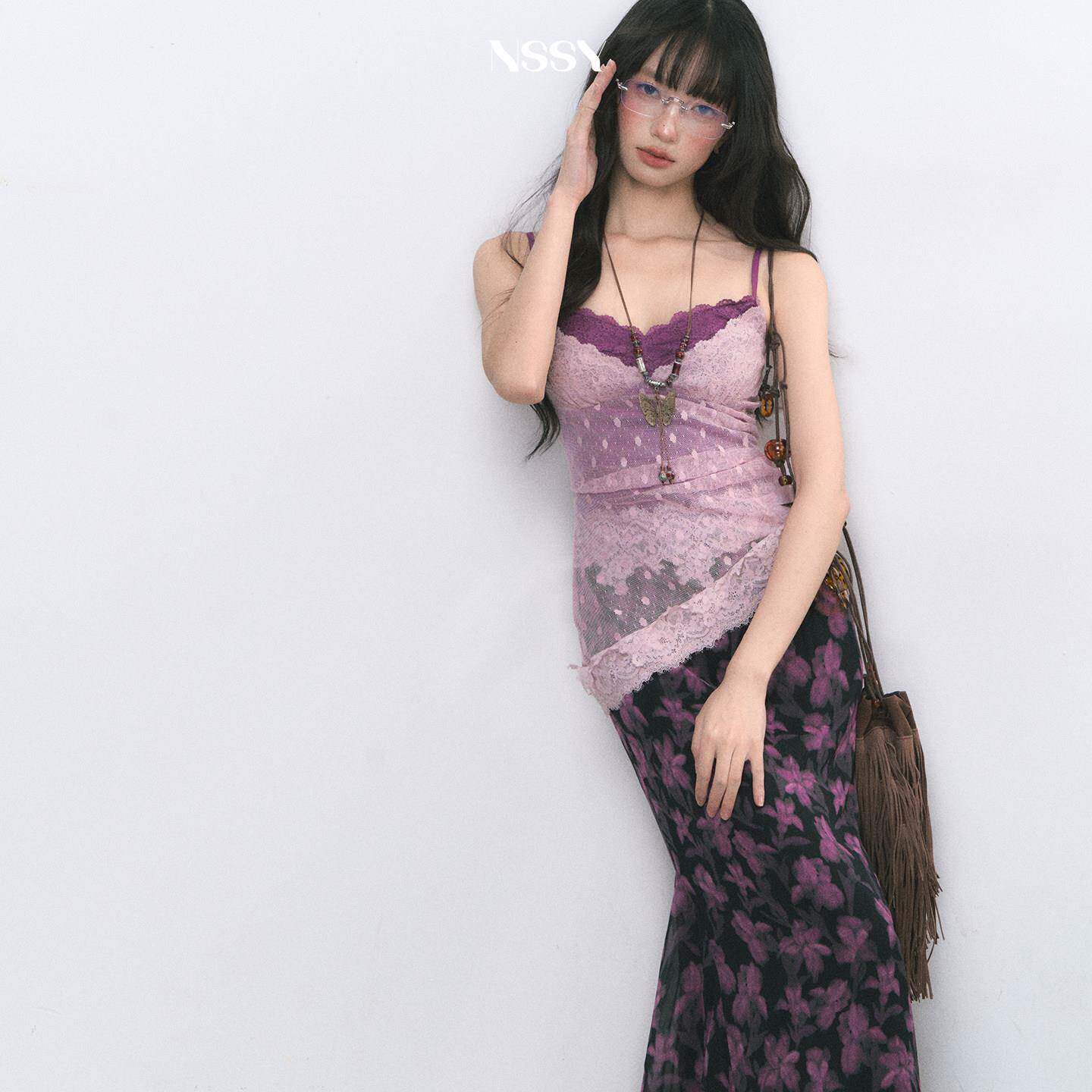 溺水三鱼NSSY辣妹掐腰吊带裙紫色洋装女盛夏流行风格包臀长裙
