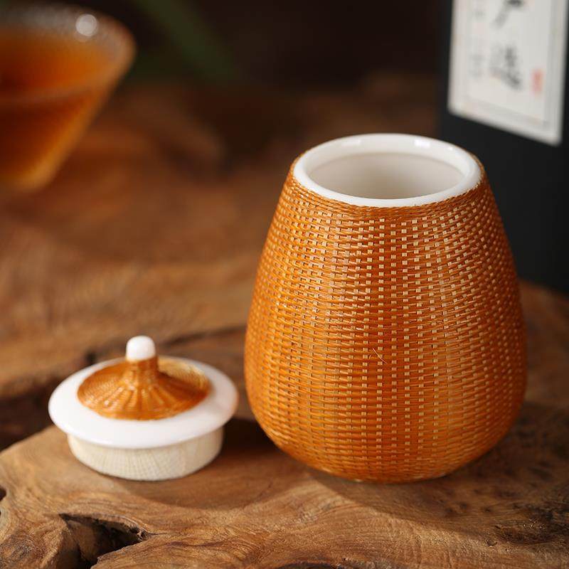 中式非遗手工竹丝扣瓷陶瓷茶叶罐密封罐竹编茶叶罐茶具储存茶叶,餐饮具,茶叶罐,淘宝优惠券,粉丝福利购,淘宝优惠卷