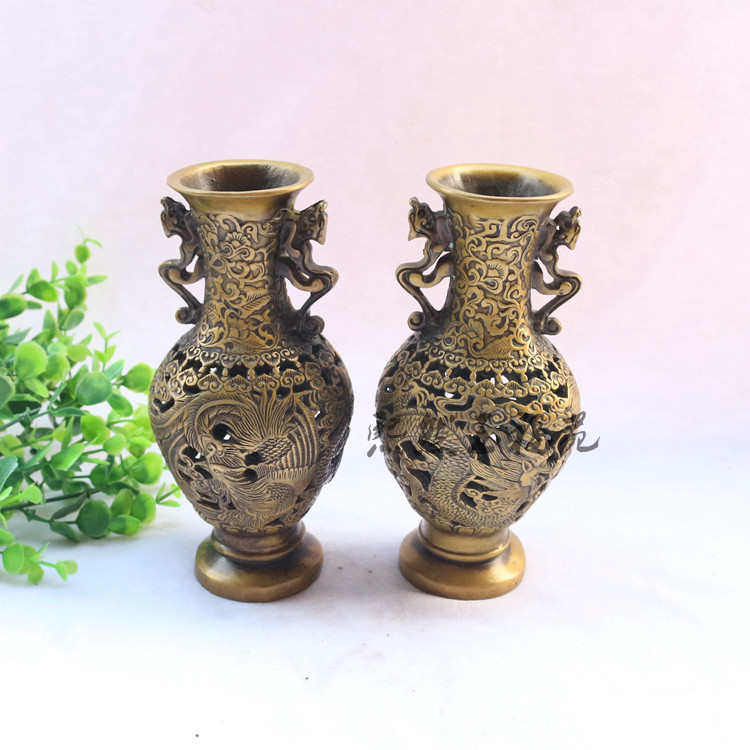 仿古纯铜龙凤带耳扣铜花瓶 家居桌面工艺精致精品铜器复古摆件
