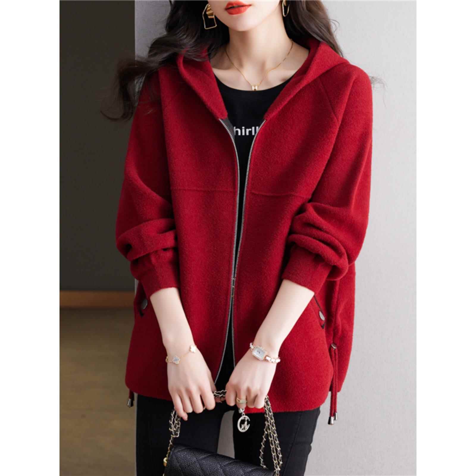 红色连帽休闲卫衣外套拉链开衫爆款女2025新款春秋夹克棒球服短款
