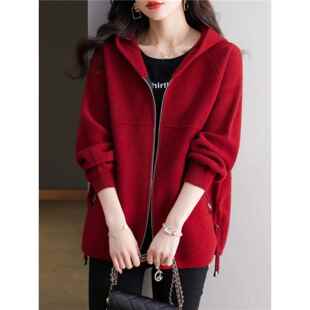 红色连帽休闲卫衣外套拉链开衫爆款女2025新款春秋夹克棒球服短款