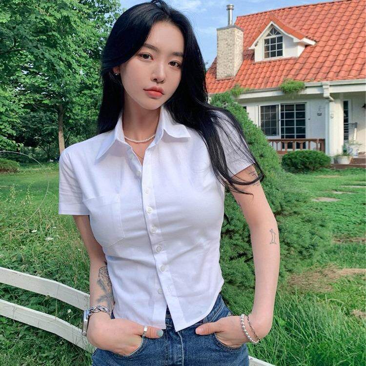 夏季收腰白辣妹衬衫短袖别致上衣色短款修身衬女衣潮