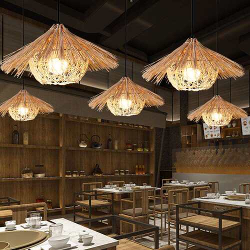 日式复藤艺吊灯手工66编织形鸟巢房子草田帽园饭店圆餐厅农家古乐