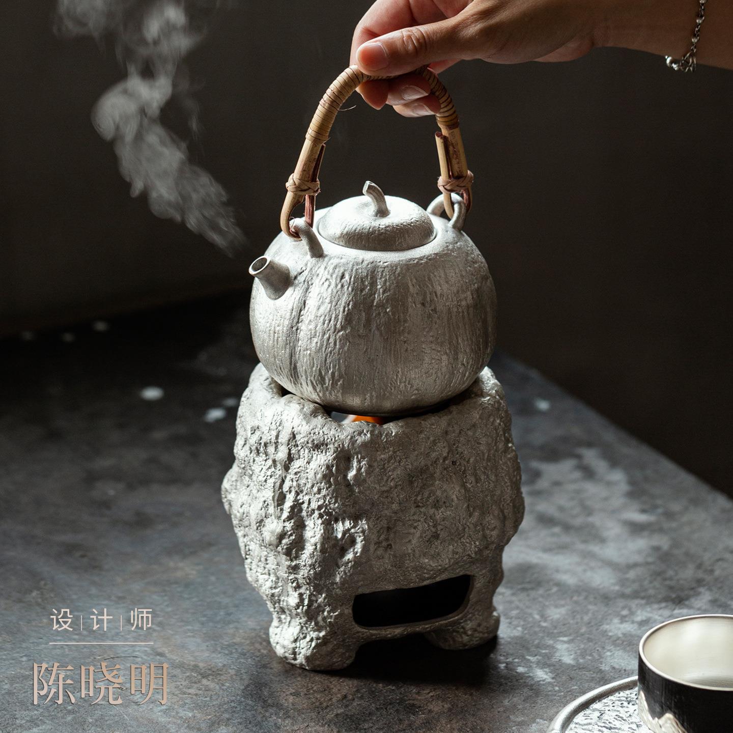 围炉煮茶酒精炉罐煮茶壶温茶器陶瓷烧水壶南瓜提梁茶壶文创鎏银组