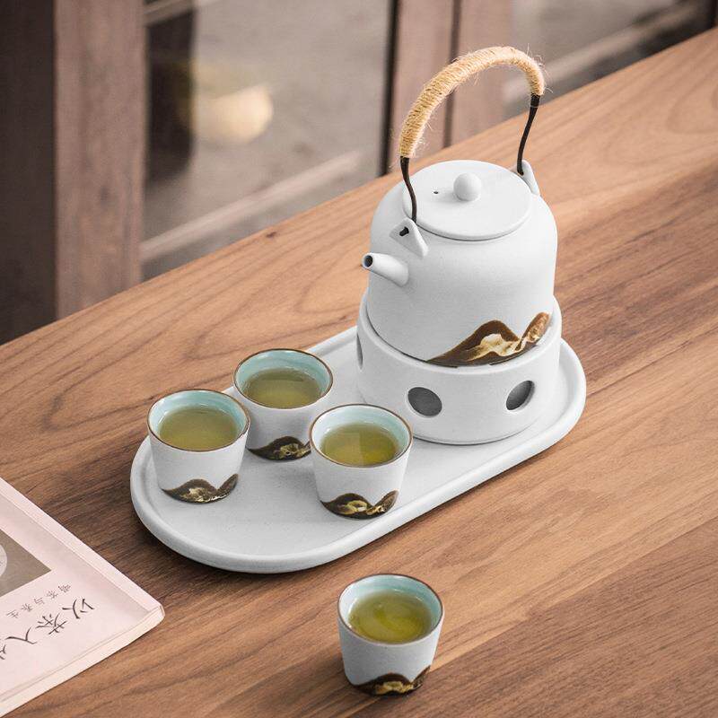 提梁壶陶瓷茶壶功夫暖茶炉单壶煮茶器蜡烛加热底座粗陶温茶炉套装