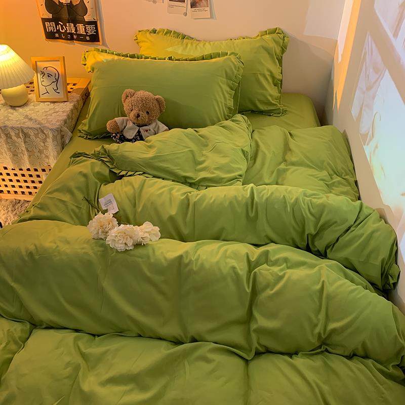高档i女ns纯色少花边式风床上四件套冬磨毛三件套床笠款秋床单被