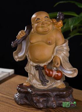 石湾公仔客厅装饰品陶瓷摆件收藏送礼精品佛像摆件弥勒佛春风得意