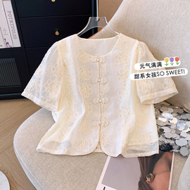 新中式国风蕾丝雪纺衬衫，女夏季复古盘扣，小衫绣花设计感小众上衣潮