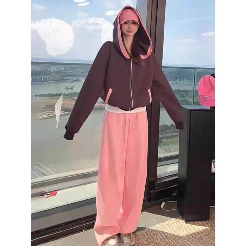 香港撞色慵懒风休闲运动服套装女士2026春秋连帽卫衣阔腿裤两件套