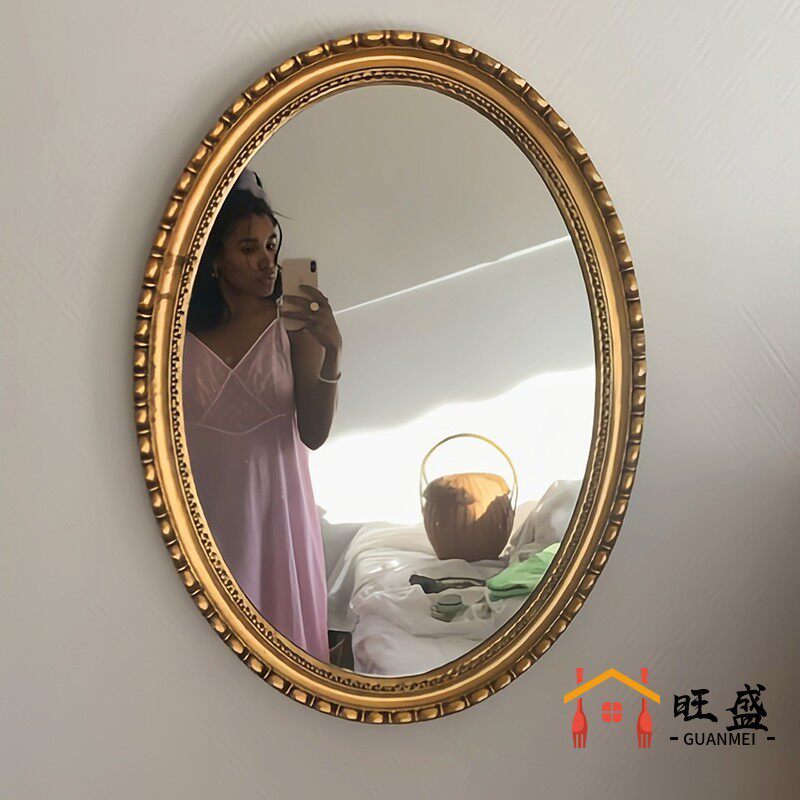 法式复古化妆镜椭圆形卫生间浴室镜壁挂欧式挂墙式卧室木质梳妆镜