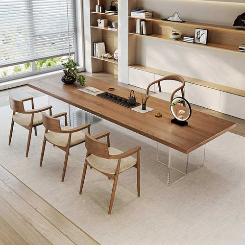 现代简约侘寂实木原木大板茶桌椅组合亚克力透明桌腿办公室茶台