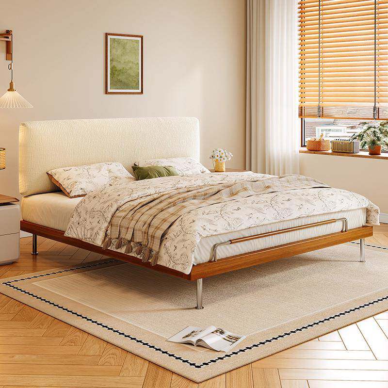 桐语特 复古中古风超薄床头可调节实木床雪尼尔布艺双人主卧大床