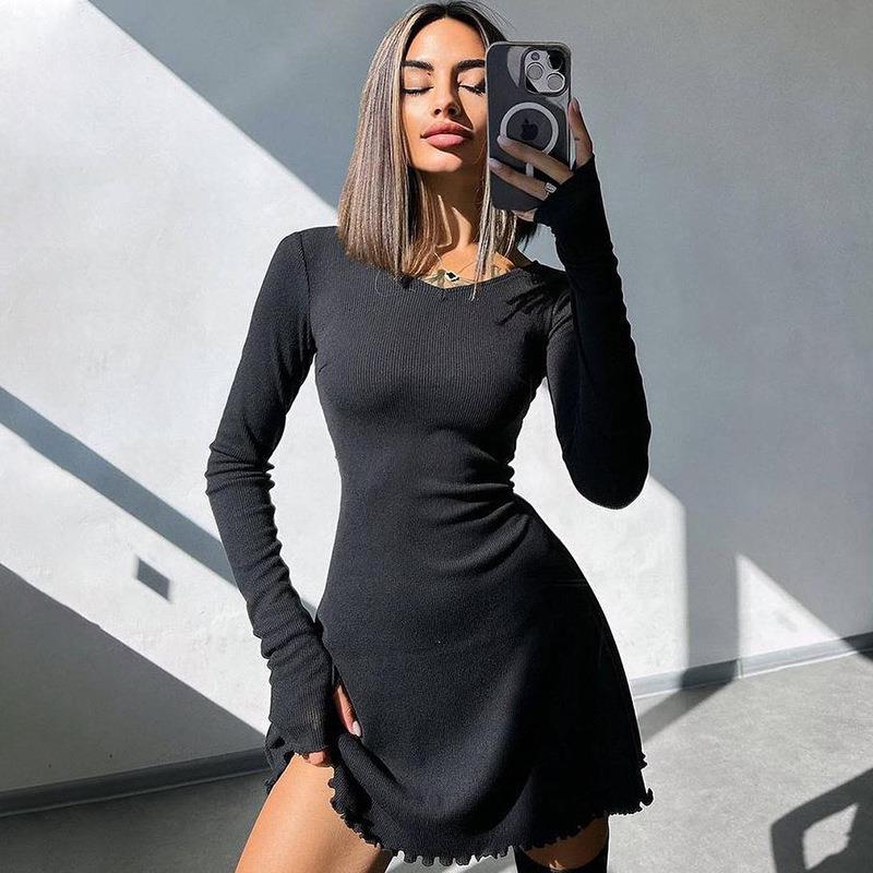 Womens Plain Basic Lettuce Trim V Neck Ribbed A Line Dress - 实物图