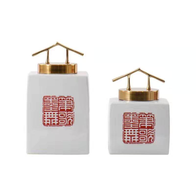 新中式现代软装陶瓷红色印章储物罐酒店橱柜铜艺术样板房玄关摆件