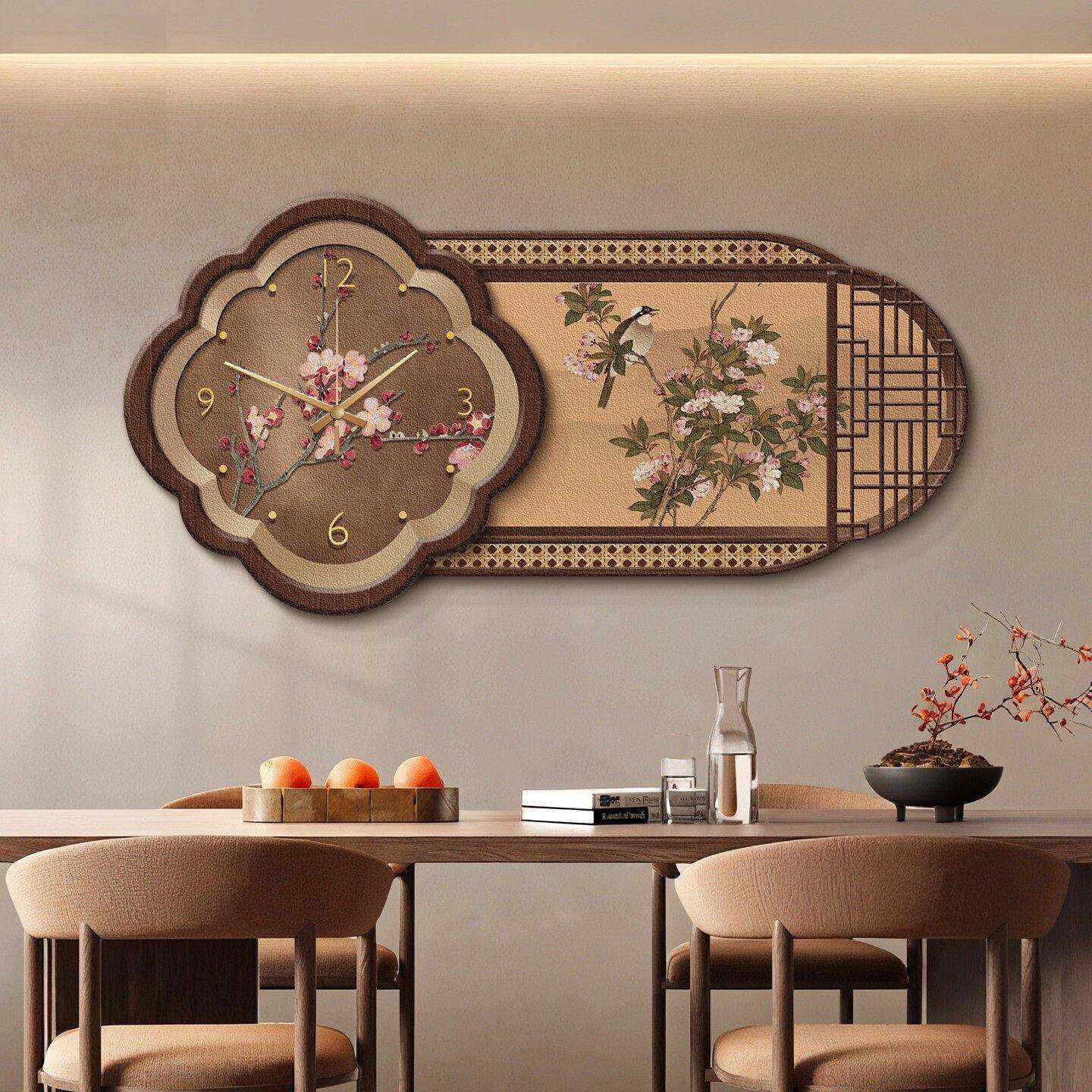 宋氏级式美学新中式餐厅钟表宋挂画C1-DY184带钟表挂钟壁画饰高感