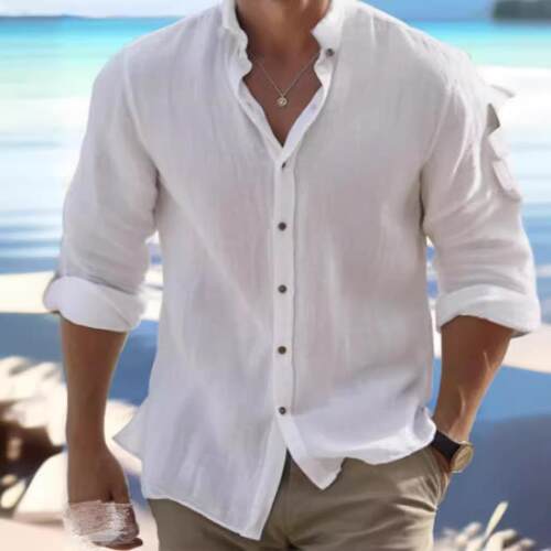 Men's linen button up shirt beach shirt long sleeved stand