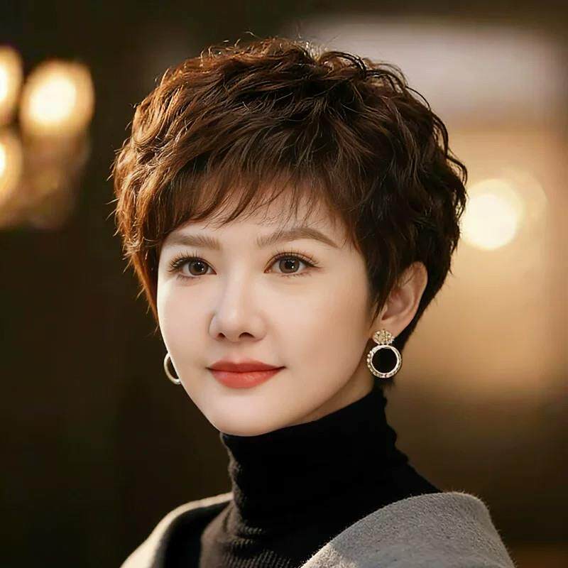 假发全头套女短发真人发丝妈妈款卷发头套自然全真发中老年假发套