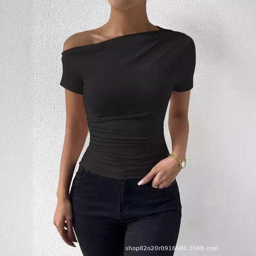 Women's Plain Ruched Asymmetrical Neck Tee Casual Basic
