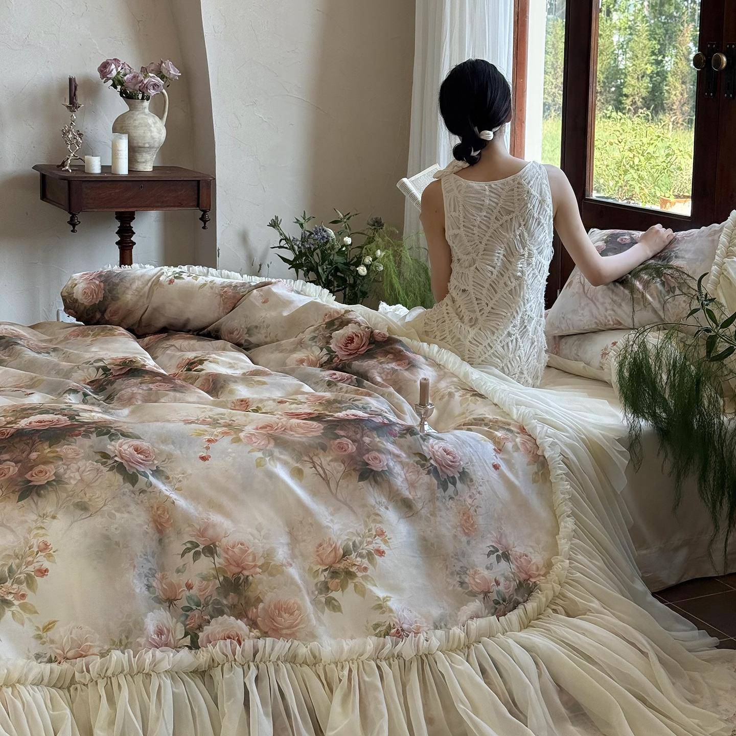 法式复古花卉印花纯棉长绒棉四件套全棉贡缎床单公主花边床上用品