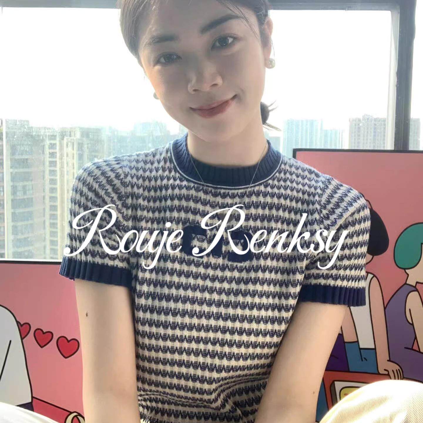 法国rouje renksy法式气质高级感藏蓝色正肩修身针织短袖t恤女夏