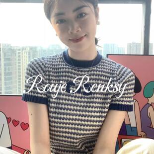 法国rouje renksy法式气质高级感藏蓝色正肩修身针织短袖t恤女夏