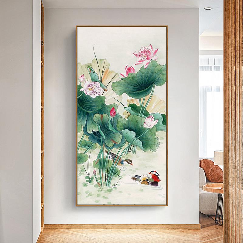 荷花鸳鸯风水招财手绘油画新中式入户玄关装饰画客厅卧室古典挂画图片