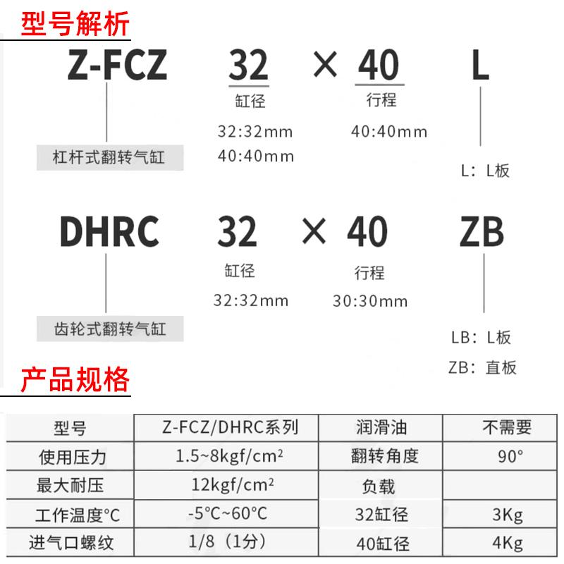 90度翻转气缸侧姿缸旋转dhrc32-30zb/LB机械手侧姿组反转fcz40-45