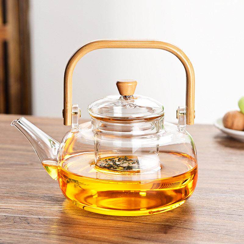 围炉煮茶竹木提梁壶新中式硼硅玻璃可明火茶水分离玻璃提梁茶壶