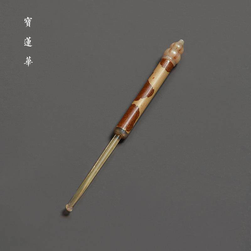 红湘妃竹节柄镶花牛角挖耳勺 掏耳勺 茶玩文玩茶拨采耳挖耳朵勺子