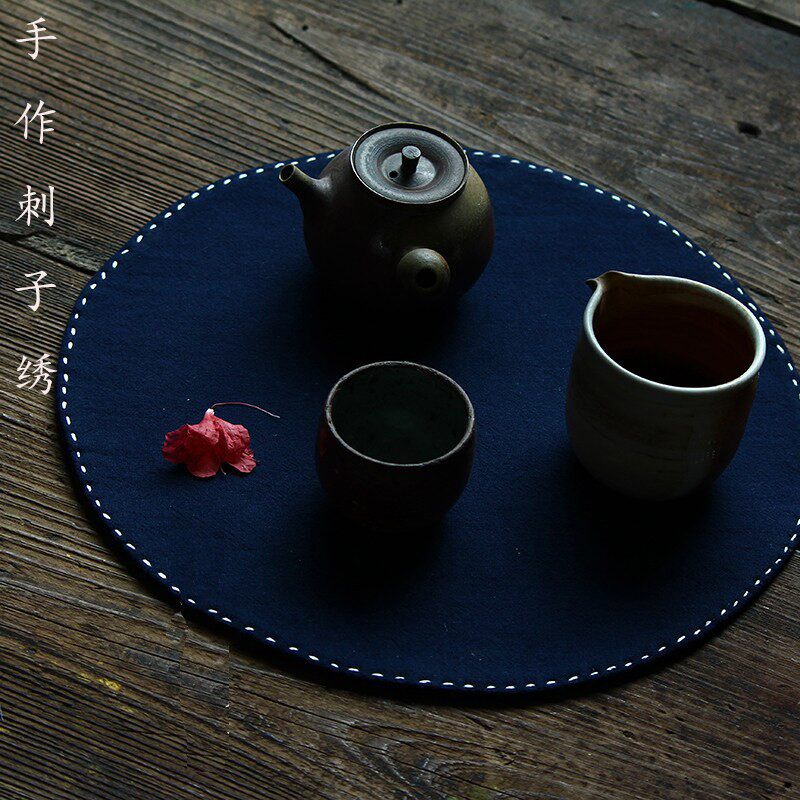 手作 深蓝棉麻茶垫刺子绣土布禅意圆形壶垫圆桌布艺干泡加棉功夫