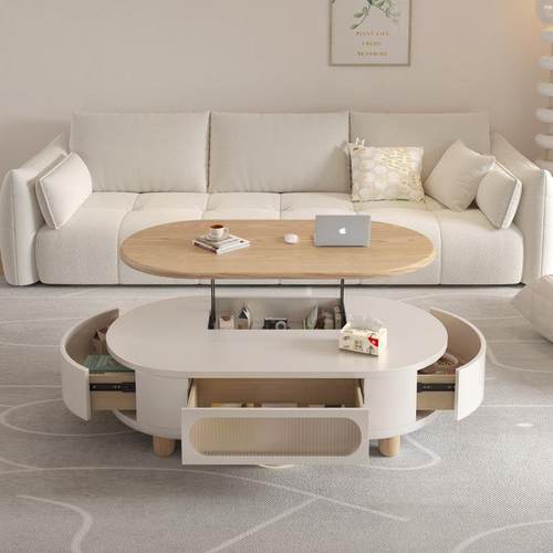 原木奶油风升降茶几餐桌两用二合一多功能可移动客厅家用小户型