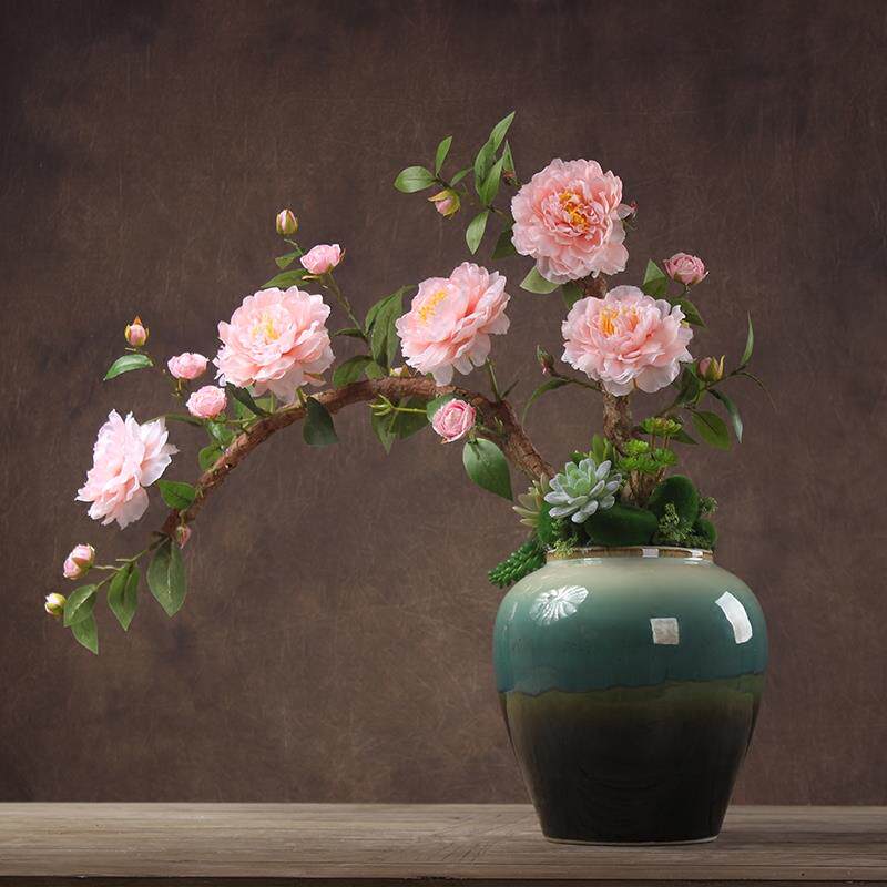 牡丹花假花彷真花摆件客厅防真花 摆设装饰花高档餐桌面花瓶插花