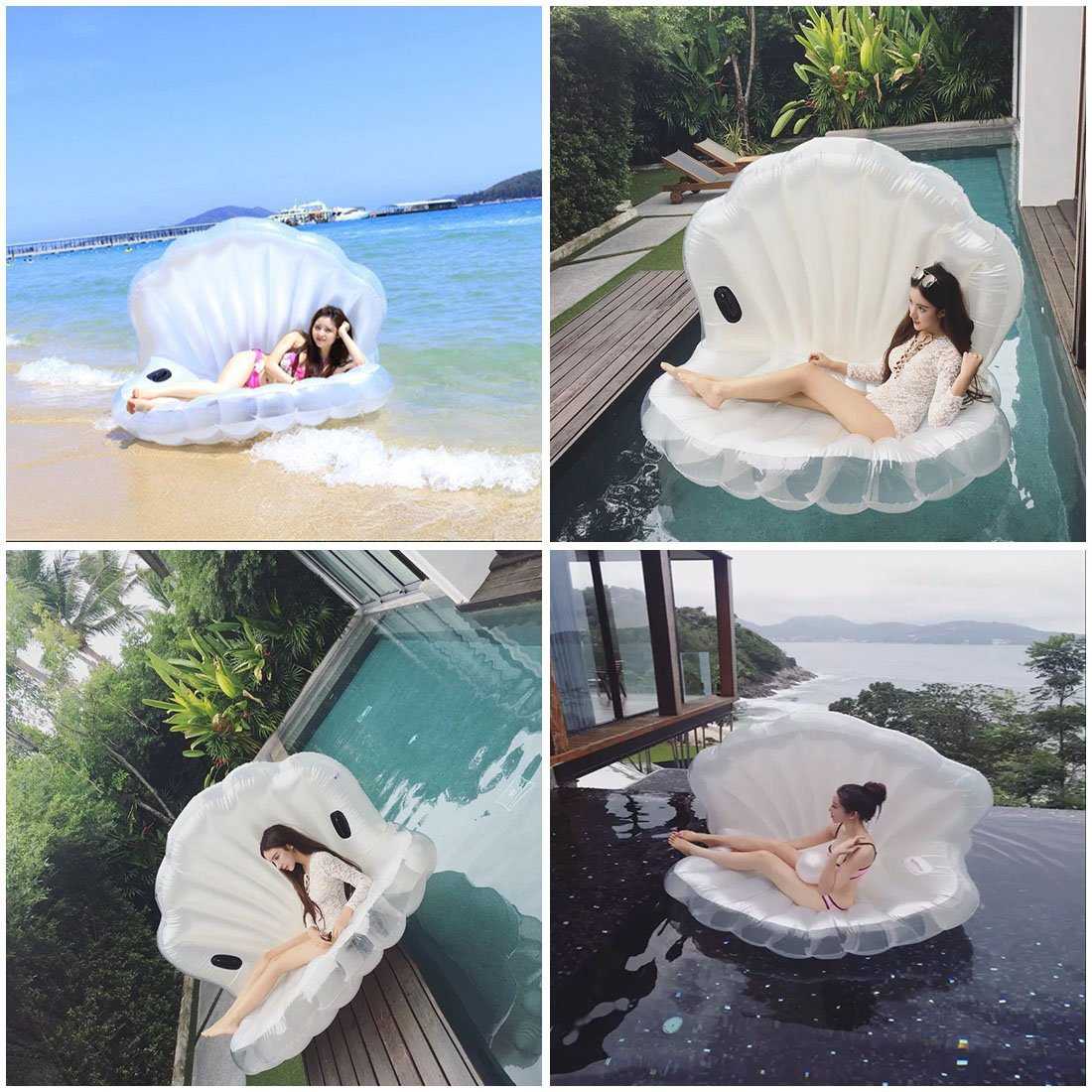 PVC充气白色珍珠贝壳浮排扇贝水上睡觉浮床躺椅沙发现货