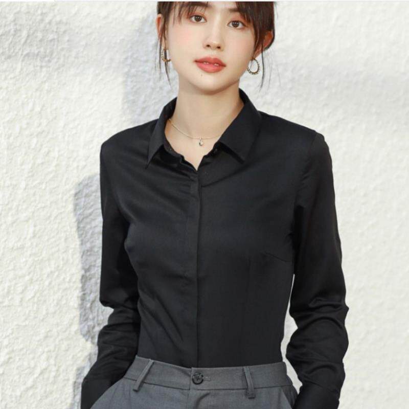 高端免熨烫黑色衬衫女修身长袖商务正装抗皱职业工作服竹纤维衬衫