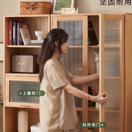 实木书柜带玻璃门新中式书房收纳储藏橡木带抽书橱带抽屉